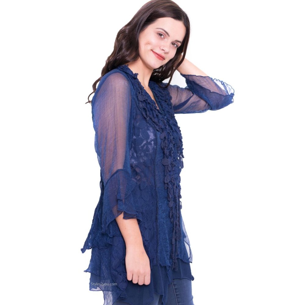 NWT PRETTY ANGEL BOLERO BLOUSE NAVY SM-3X MONTABELLO navy bohemian western shirt